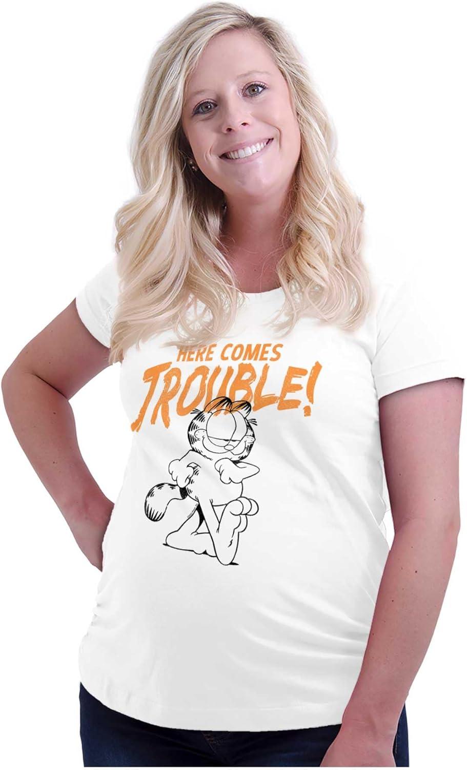 imageWomens Maternity Garfield Cartoon Here Comes Trouble T Shirt Tee