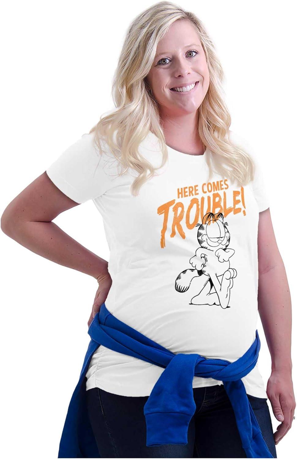 imageWomens Maternity Garfield Cartoon Here Comes Trouble T Shirt Tee