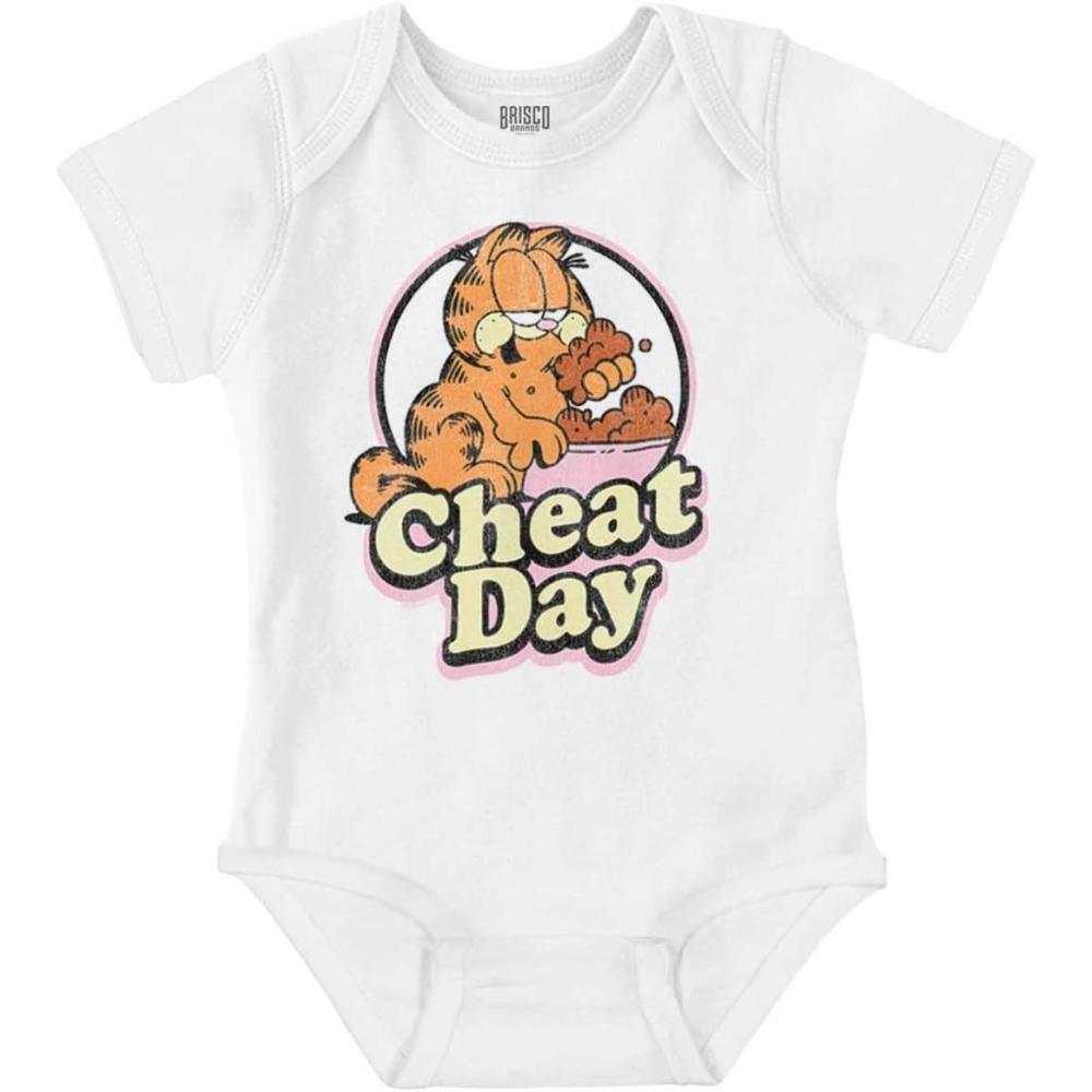 imageBrisco Brands Funny Garfield Cartoon Cheat Day Baby Romper Boys or GirlsWhite