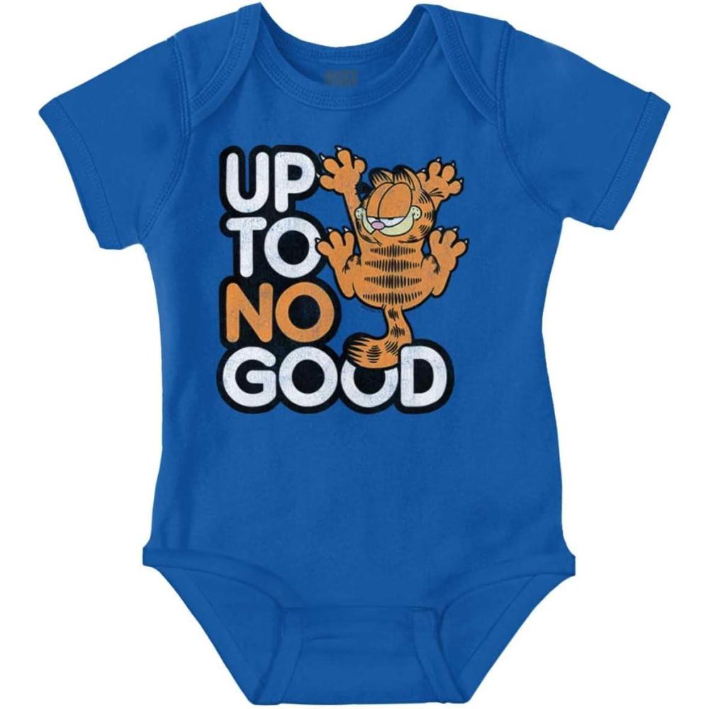 imageBrisco Brands Funny Garfield Cartoon Up To No Good Baby Romper Boys or GirlsRoyal