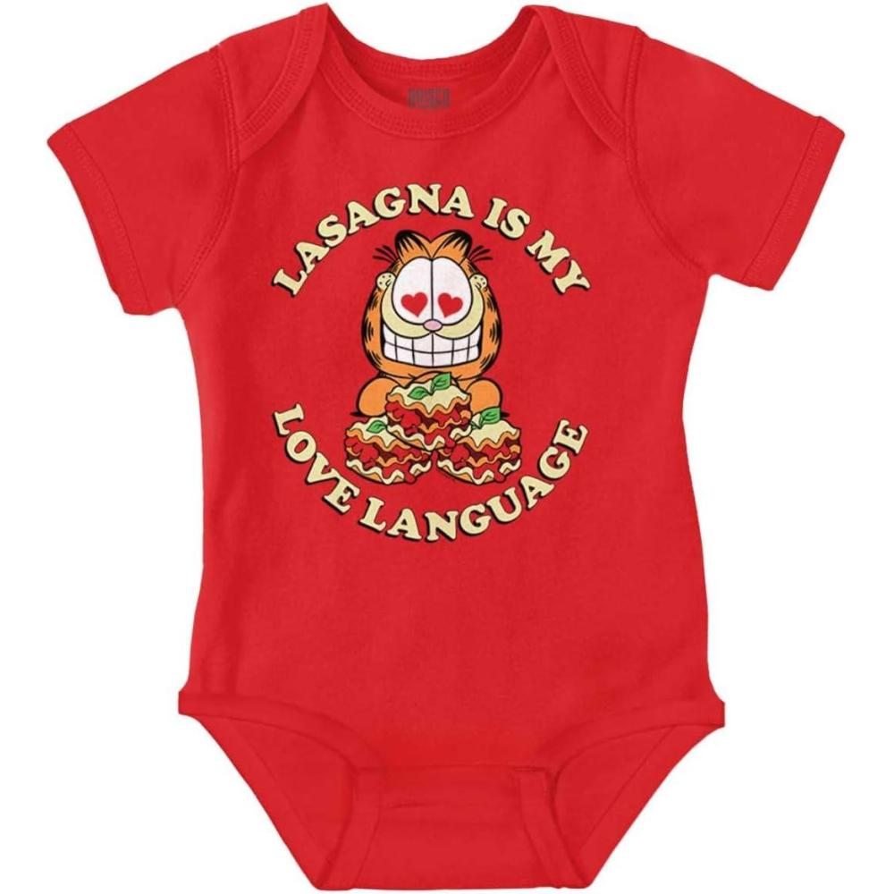 imageBrisco Brands Funny Garfield Lasagna Love Language Baby Romper Boys or GirlsRed