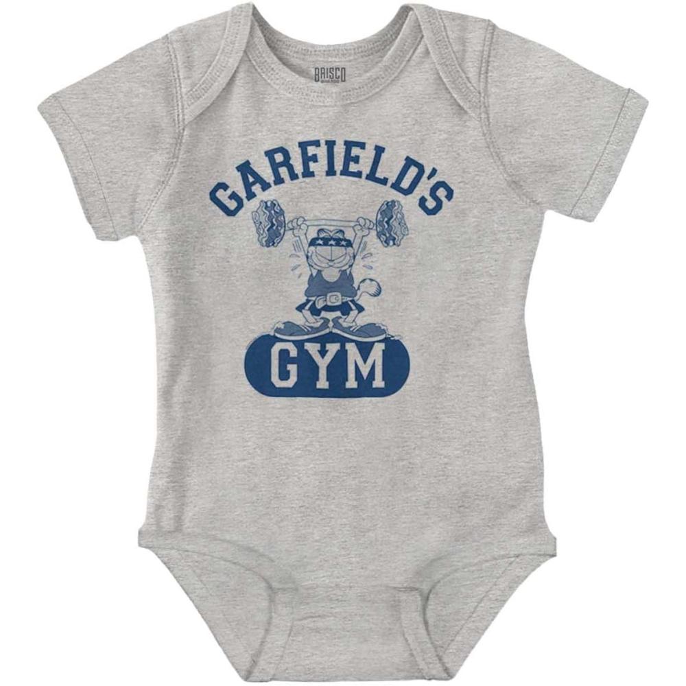 imageBrisco Brands Funny Retro Cartoon Garfields Gym Baby Romper Boys or GirlsHeather