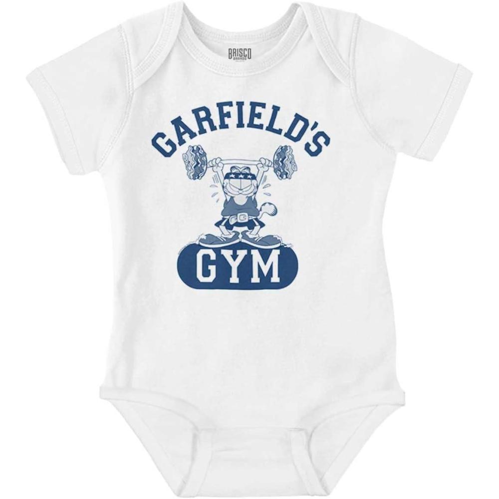 imageBrisco Brands Funny Retro Cartoon Garfields Gym Baby Romper Boys or GirlsWhite