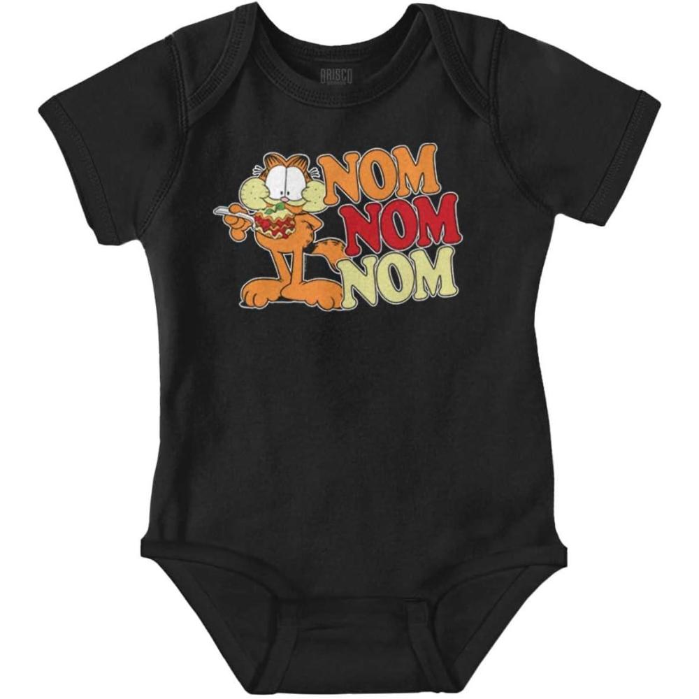 imageBrisco Brands Funny Retro Garfield Cartoon Nom Nom Baby Romper Boys or GirlsBlack