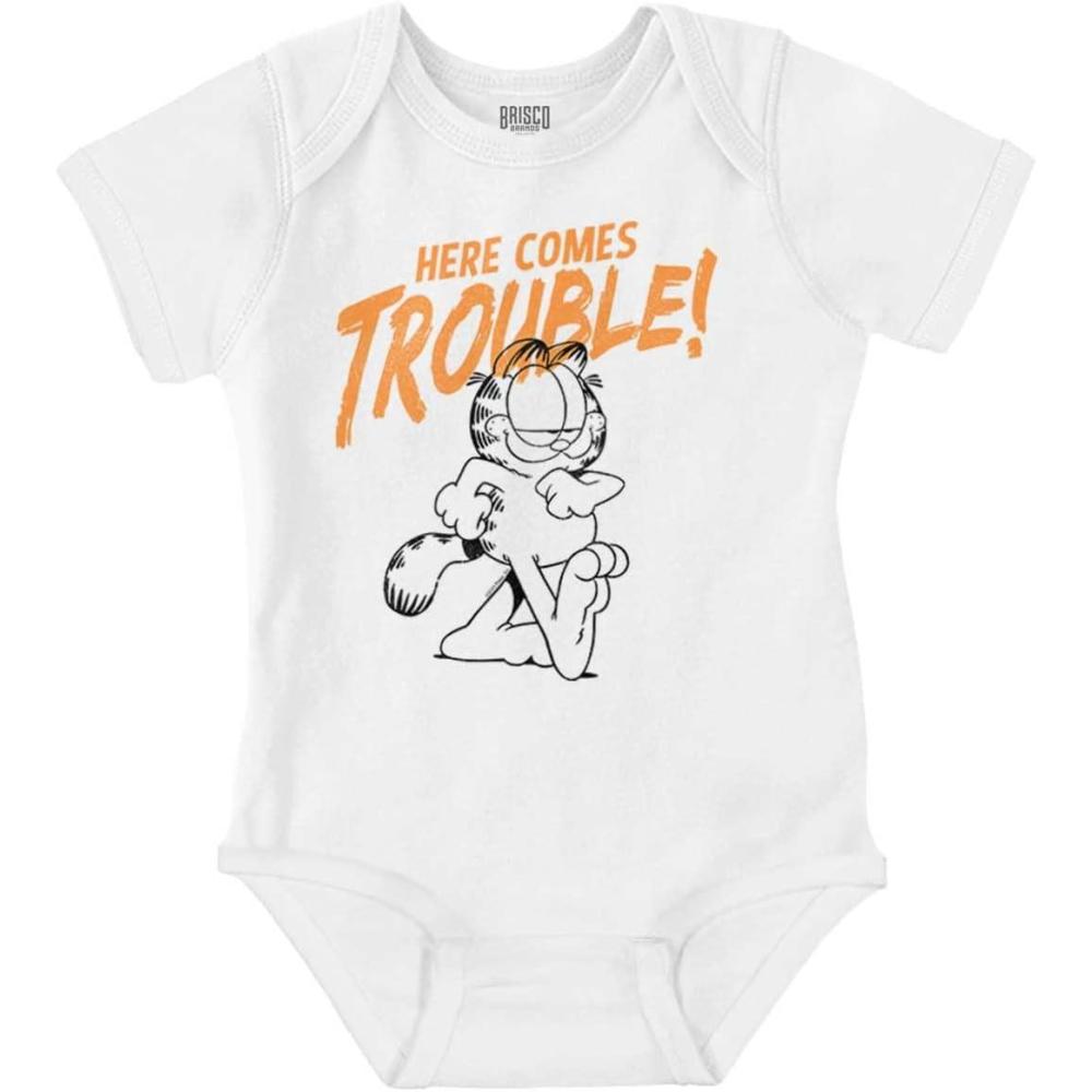 imageBrisco Brands Garfield Cartoon Here Comes Trouble Baby Romper Boys or GirlsWhite