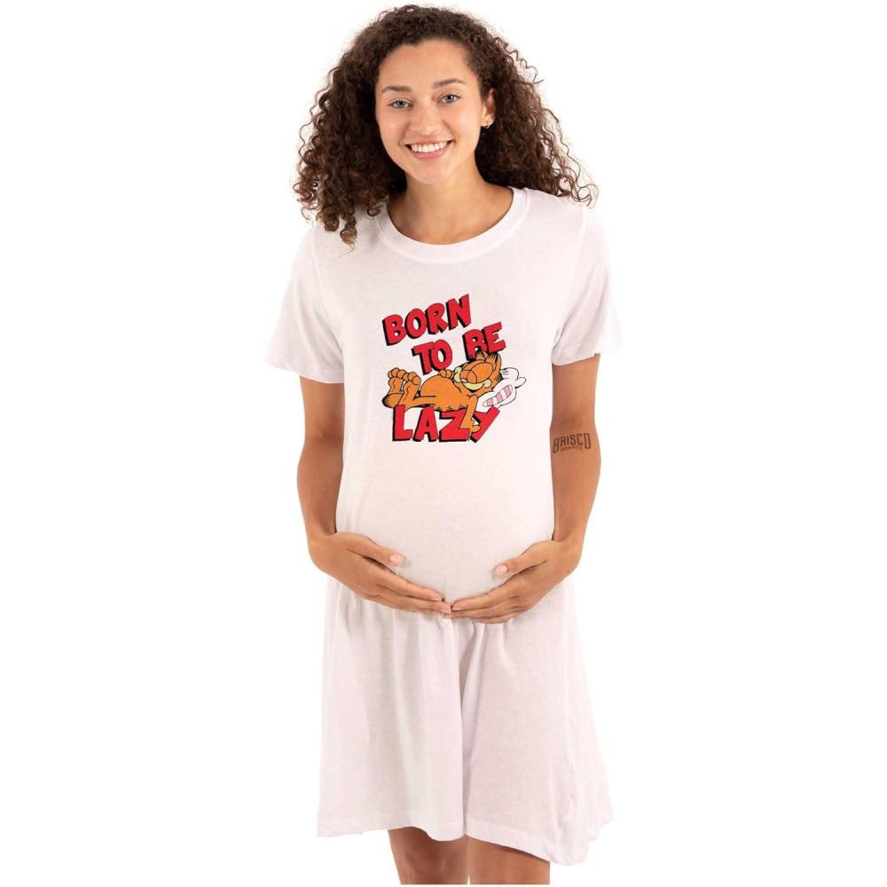 imageWomens Maternity Funny Garfield Cartoon Born Lazy Pregnancy DressWhite