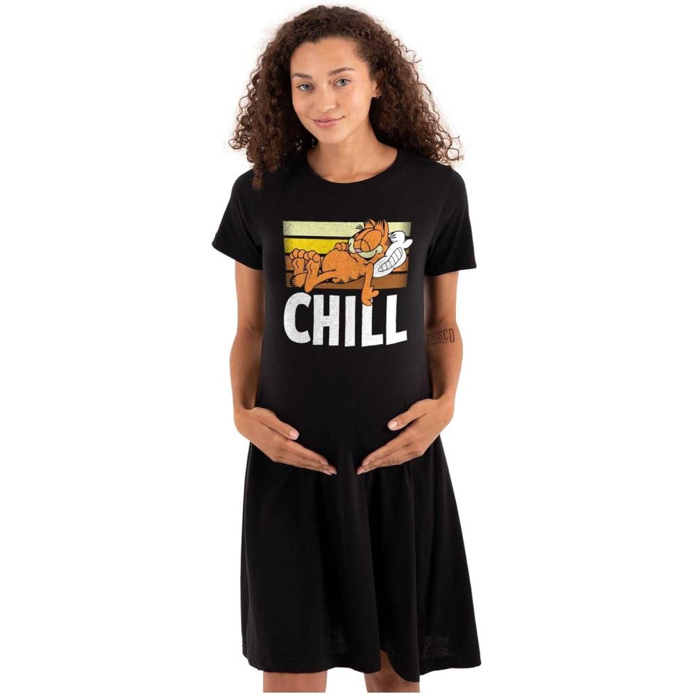 imageWomens Maternity Funny Retro Garfield Cartoon Chill Pregnancy DressBlack