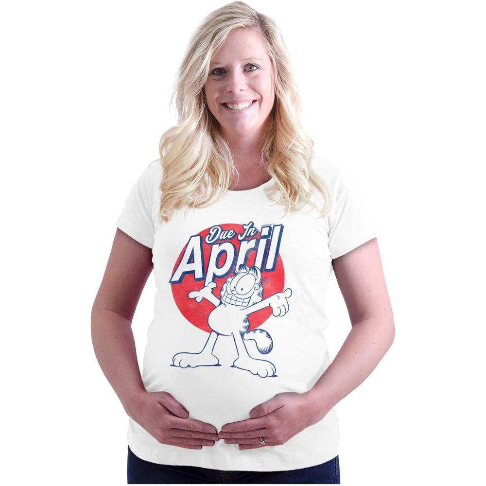 imageWomens Maternity Garfield Cartoon Cat Due in April T Shirt Tee