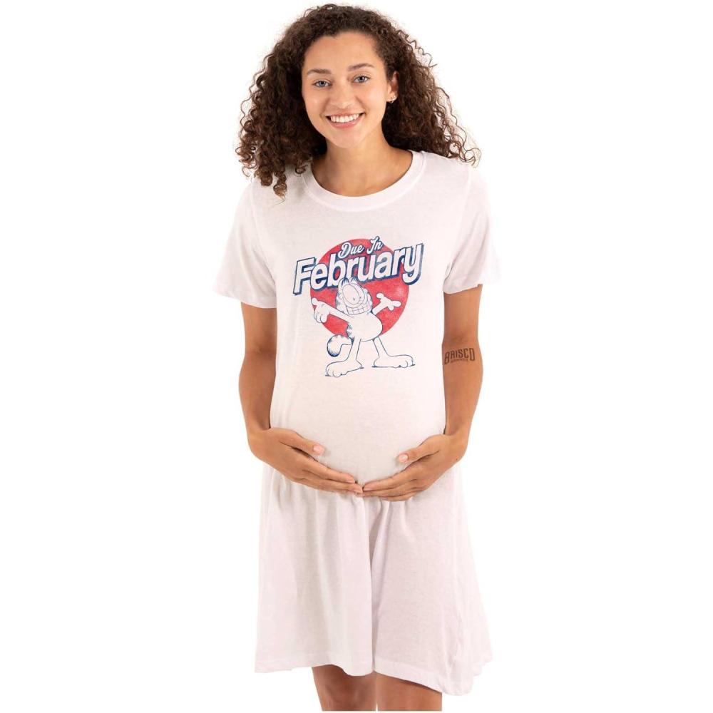 imageWomens Maternity Garfield Cartoon Cat Due in February Pregnancy DressWhite