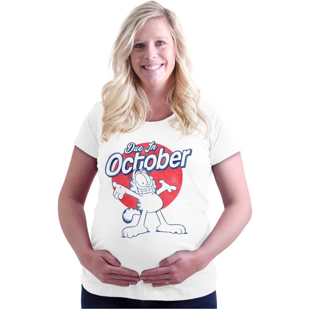 imageWomens Maternity Garfield Cartoon Cat Due in October T Shirt Tee