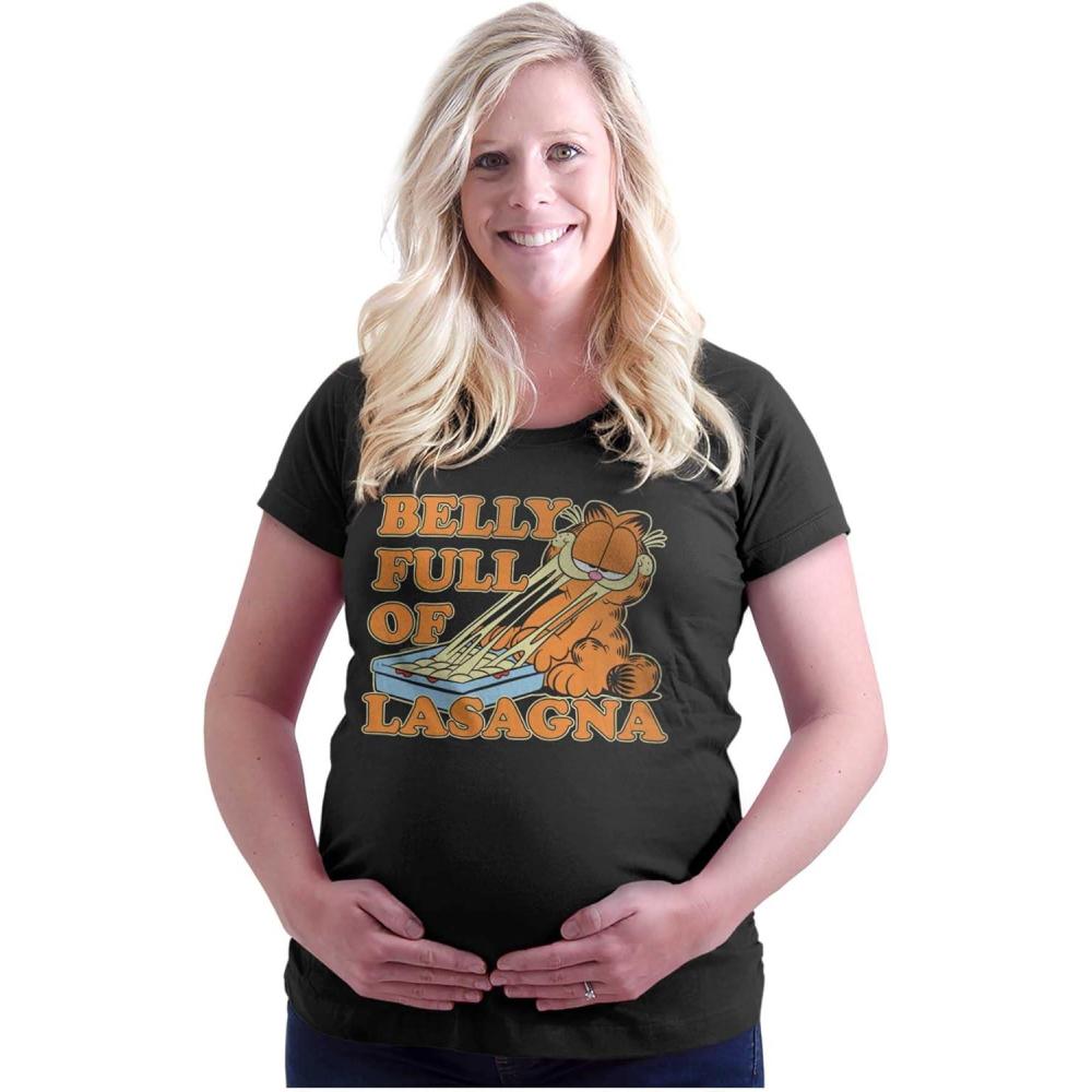 imageWomens Maternity Garfield Cartoon Full of Lasagna T Shirt TeeBlack