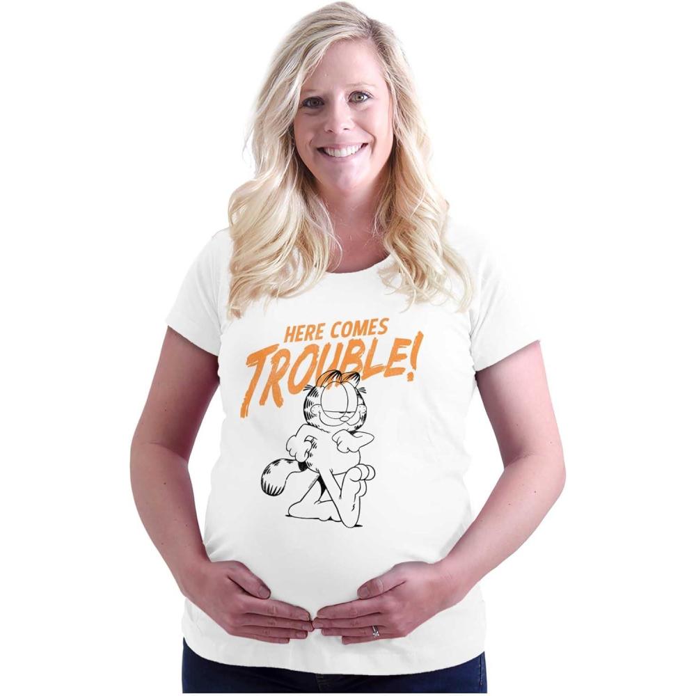 imageWomens Maternity Garfield Cartoon Here Comes Trouble T Shirt Tee