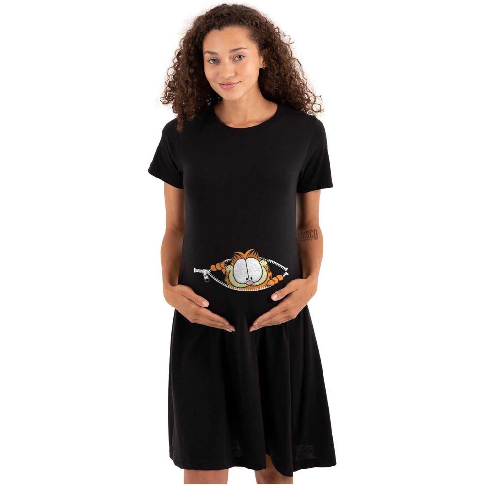 imageWomens Maternity Garfield Cartoon Peak A Boo Zipper Pregnancy DressBlack