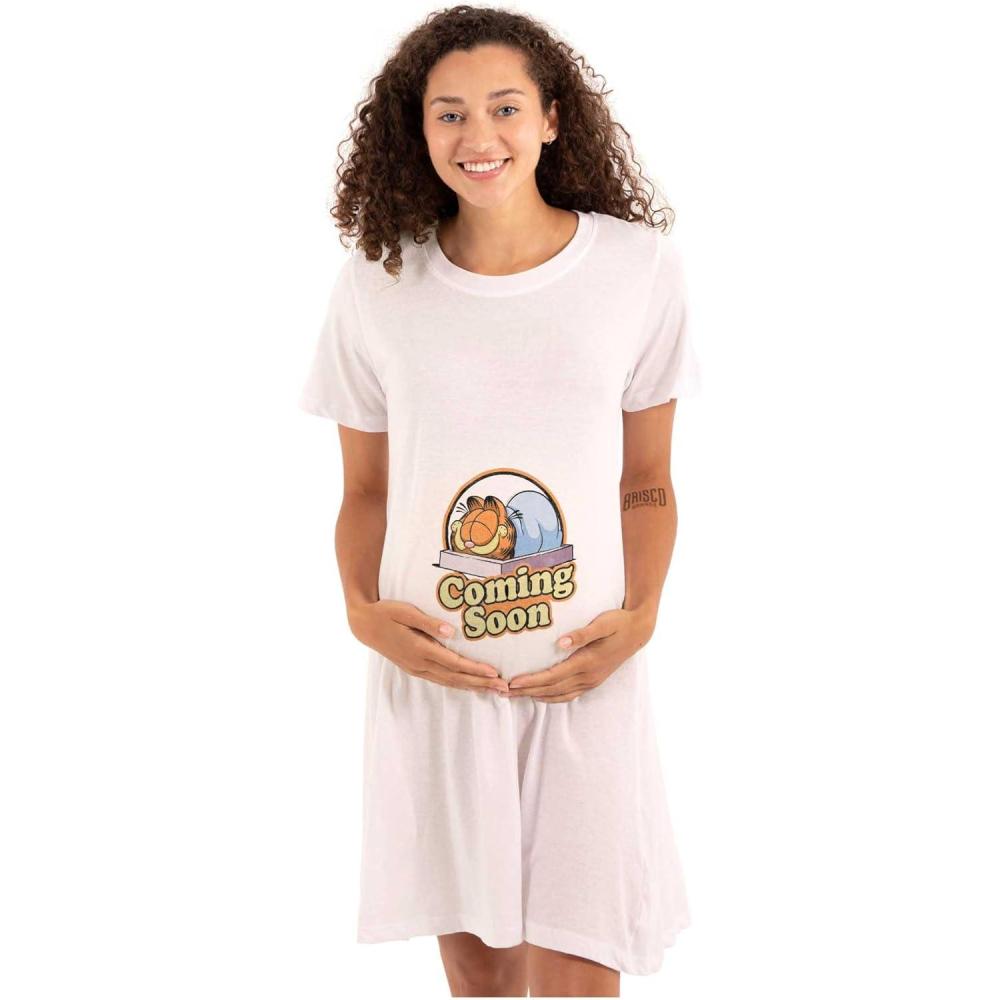 imageWomens Maternity Retro Garfield Cartoon Coming Soon Pregnancy DressWhite