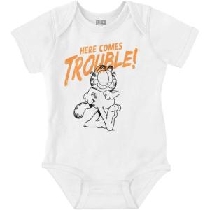 Brisco Brands Garfield Cartoon Here Comes Trouble Baby Romper Boys or Girls(White)