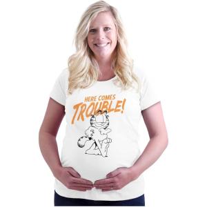 Womens Maternity Garfield Cartoon Here Comes Trouble T Shirt Tee