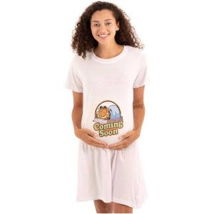 Womens Maternity Retro Garfield Cartoon Coming Soon Pregnancy Dress(White)