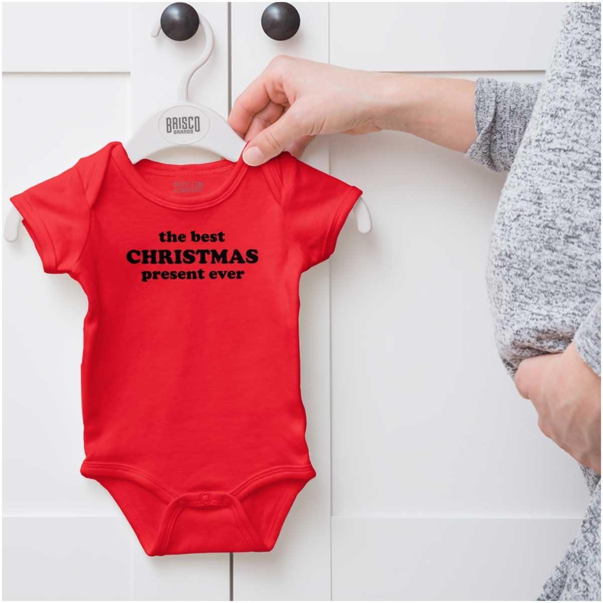 imageBrisco Brands Cute First Christmas Annoucement Baby Romper Boys or GirlsRed