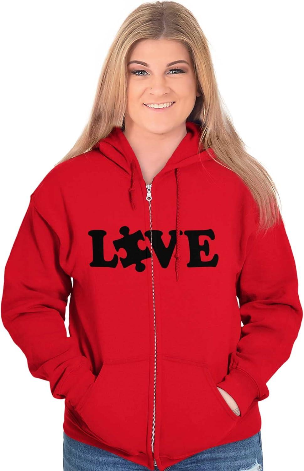 imageBrisco Brands Love Autism Awareness Puzzle Piece Zip Up Hoodie Mens WomensRed