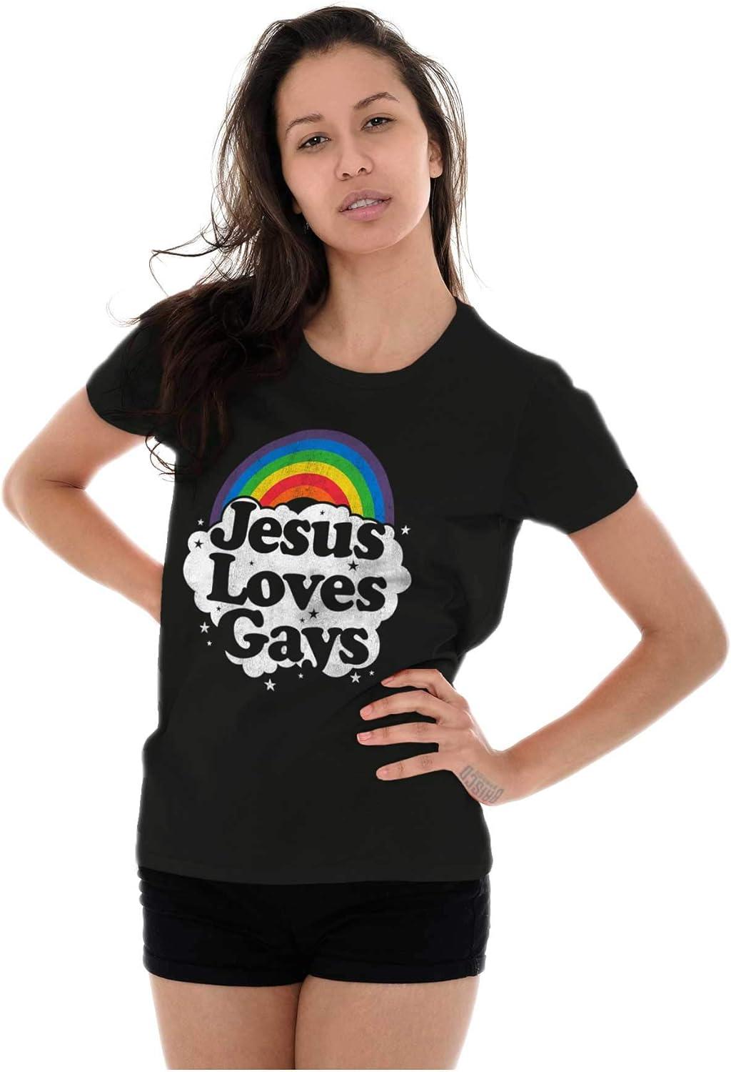 imageJesus Loves Gays Rainbow Retro Fun Womens Slim Fit Graphic TeeBlack
