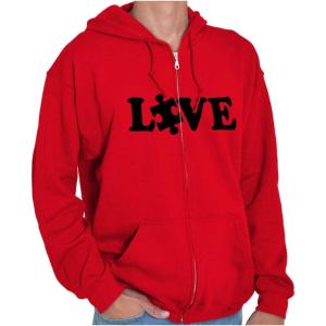 Brisco Brands Love Autism Awareness Puzzle Piece Zip Up Hoodie Mens Womens(Red)