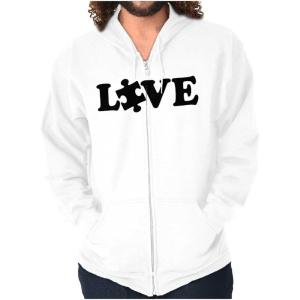 Brisco Brands Love Autism Awareness Puzzle Piece Zip Up Hoodie Mens Womens(White)