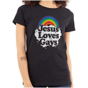Jesus Loves Gays Rainbow Retro Fun Womens Slim Fit Graphic Tee(Black)