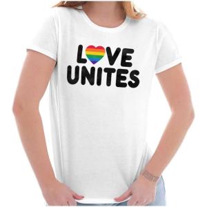 Love Unites Gay Pride Rainbow Heart Womens Slim Fit Graphic Tee(White)