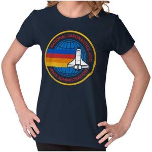 Retro NASA Space Shuttle Rainbow Womens Slim Fit Graphic Tee(Navy)