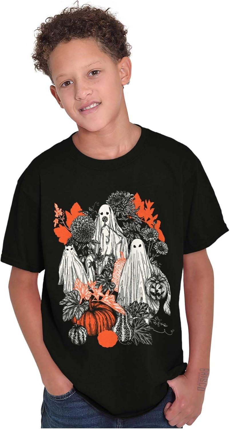 imageAutumn Leaves Fall Ghosts Pumpkins Crewneck T Shirts Boy GirlBlack