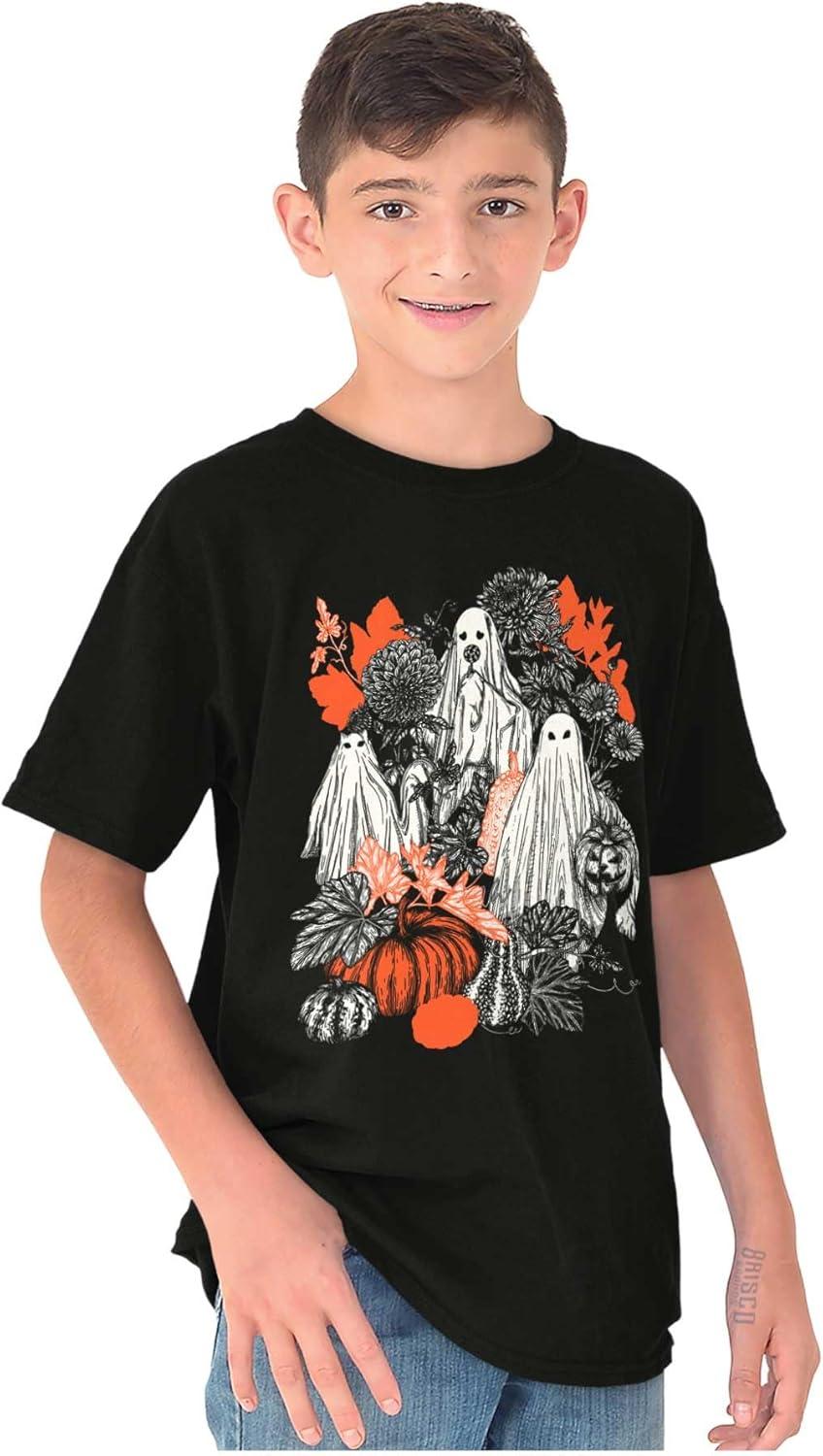imageAutumn Leaves Fall Ghosts Pumpkins Crewneck T Shirts Boy GirlBlack
