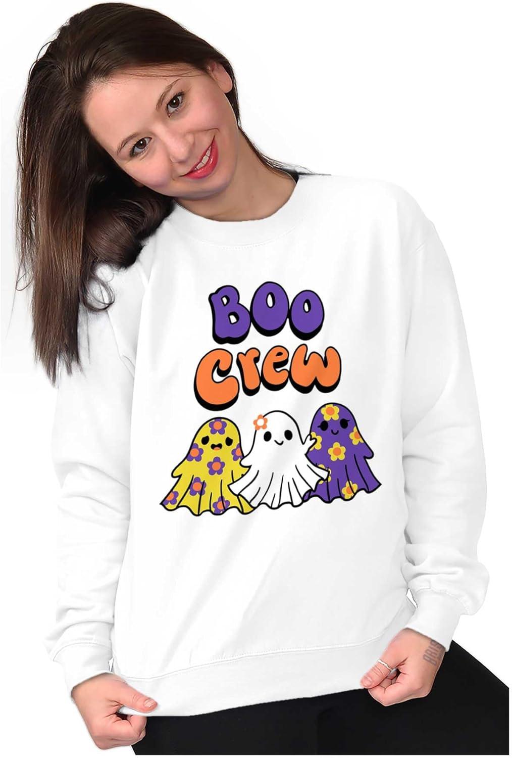 imageBrisco Brands Cute Floral Hippie Ghosts Boo Crew Women Crewneck SweatshirtWhite