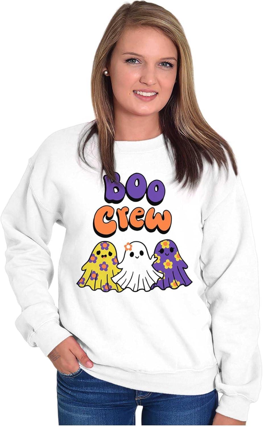 imageBrisco Brands Cute Floral Hippie Ghosts Boo Crew Women Crewneck SweatshirtWhite