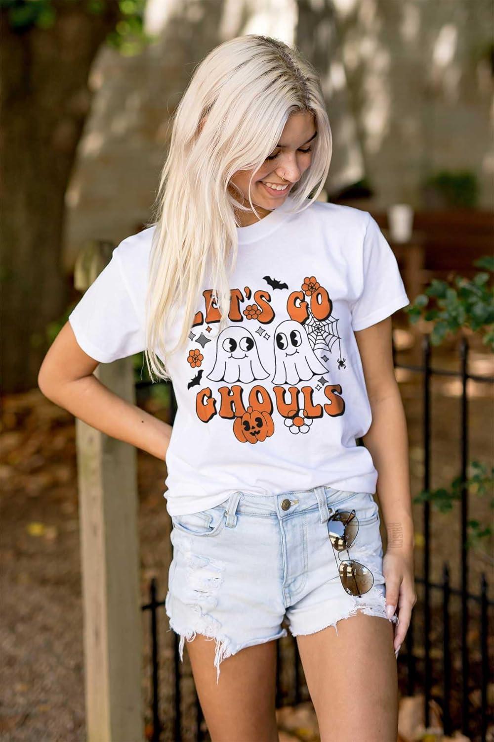 imageBrisco Brands Cute Halloween Ghosts Lets Go Ghouls Womens Graphic T Shirt TeesWhite