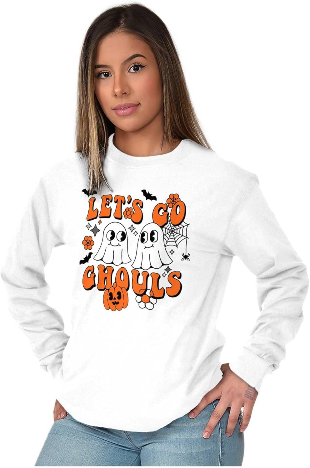 imageBrisco Brands Cute Halloween Ghosts Lets Go Ghouls Womens Long Sleeve T ShirtWhite