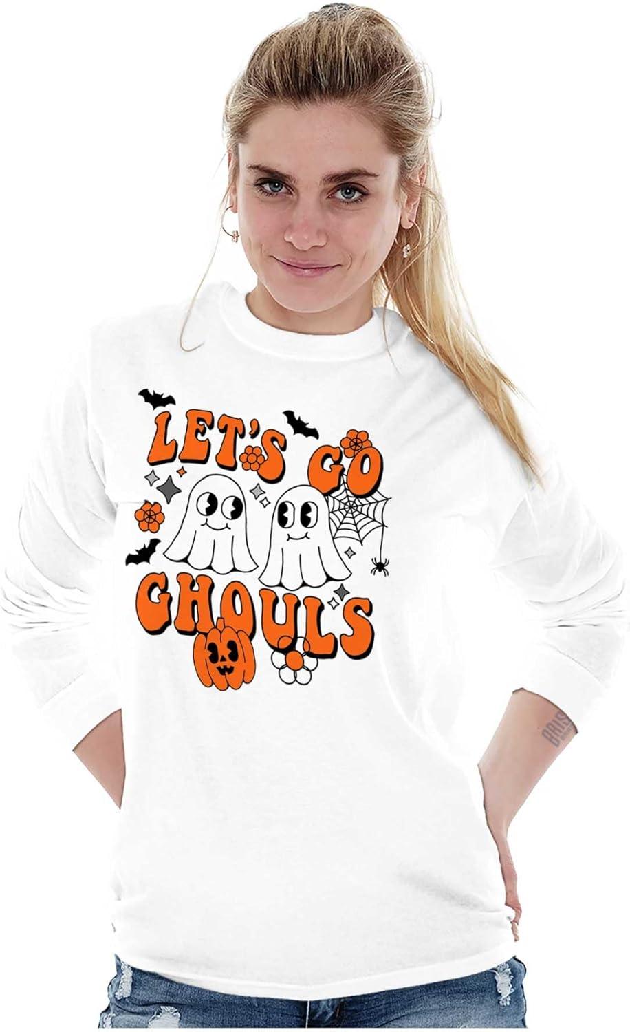 imageBrisco Brands Cute Halloween Ghosts Lets Go Ghouls Womens Long Sleeve T ShirtWhite