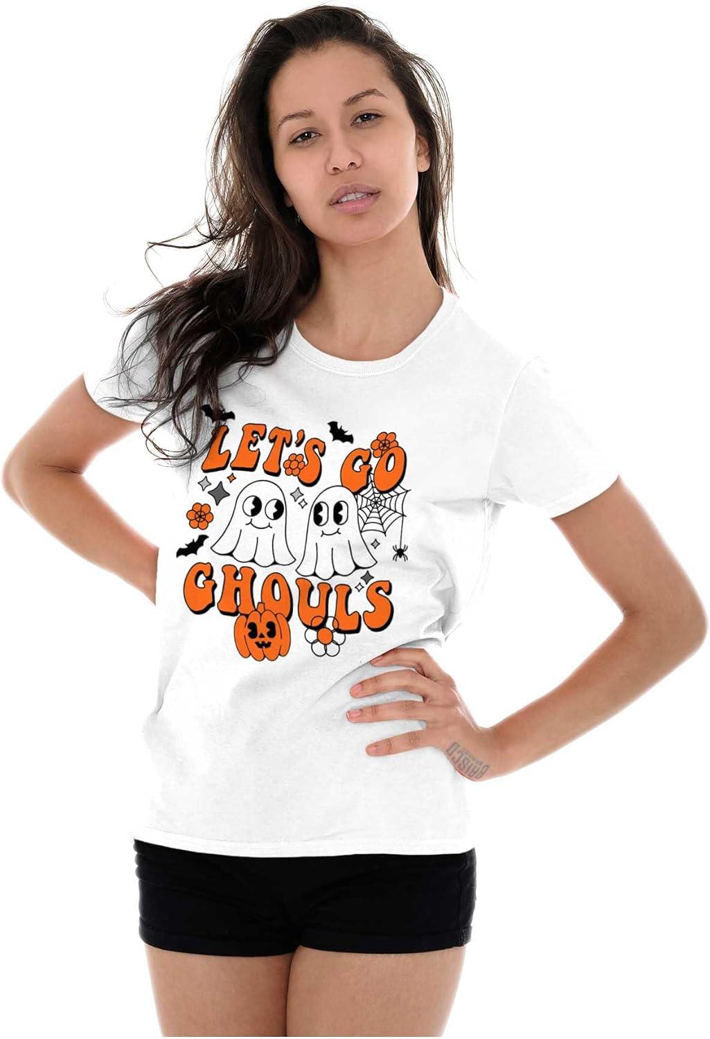 imageBrisco Brands Cute Halloween Ghosts Lets Go Ghouls Womens Slim Fit Graphic TeeWhite