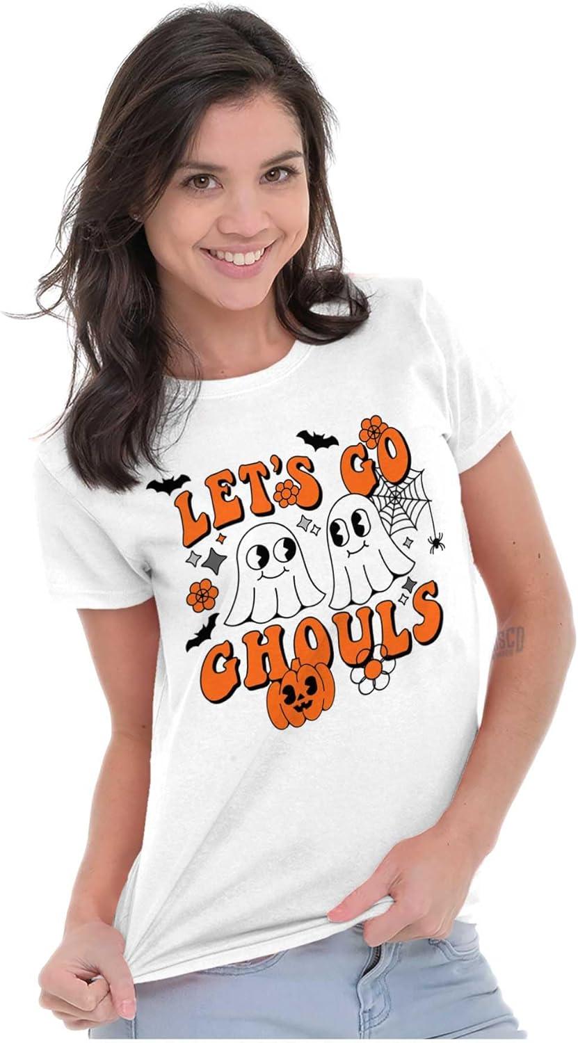 imageBrisco Brands Cute Halloween Ghosts Lets Go Ghouls Womens Slim Fit Graphic TeeWhite