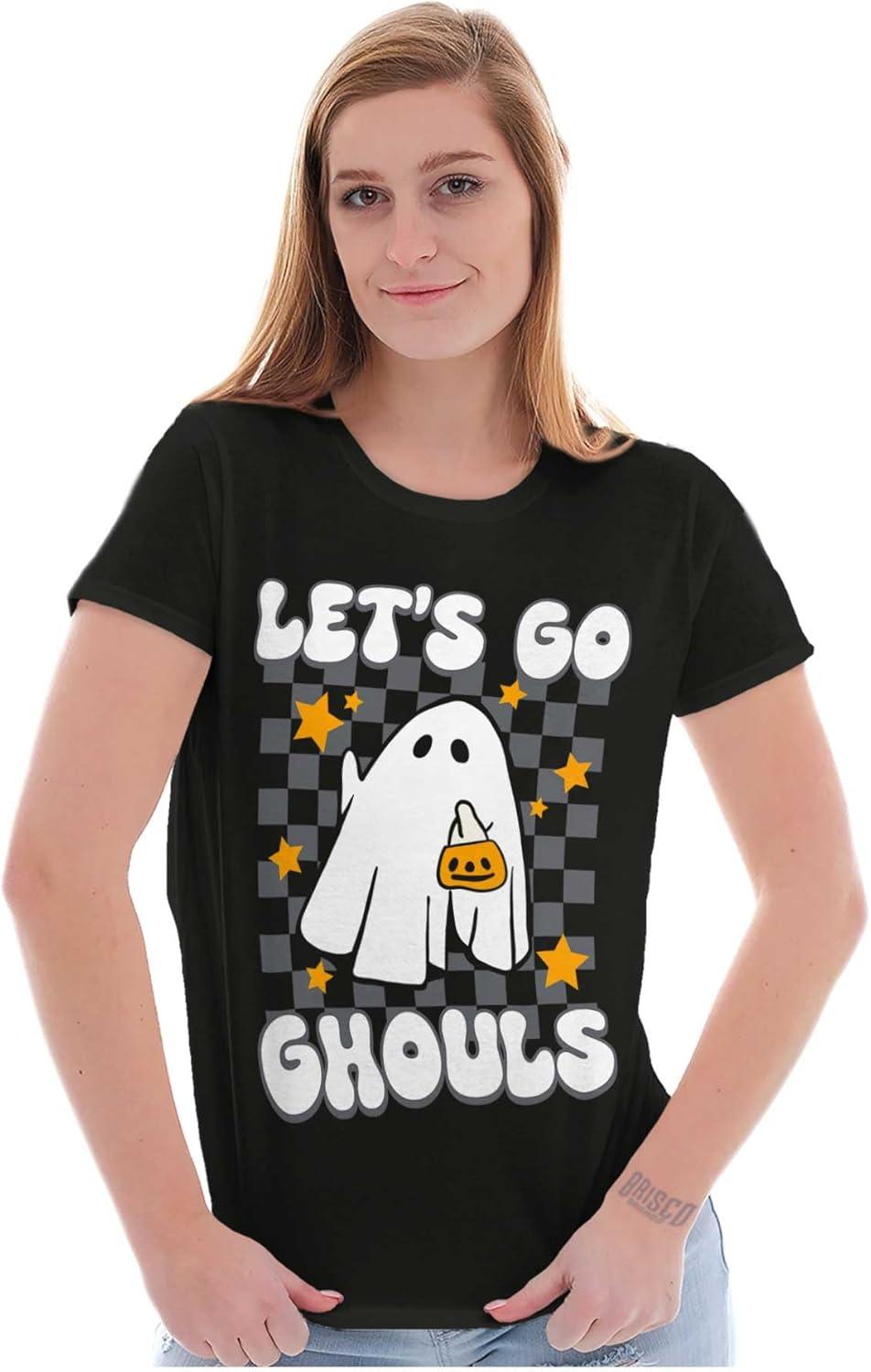 imageBrisco Brands Cute Halloween Lets Go Ghouls Ghost Womens Slim Fit Graphic TeeBlack