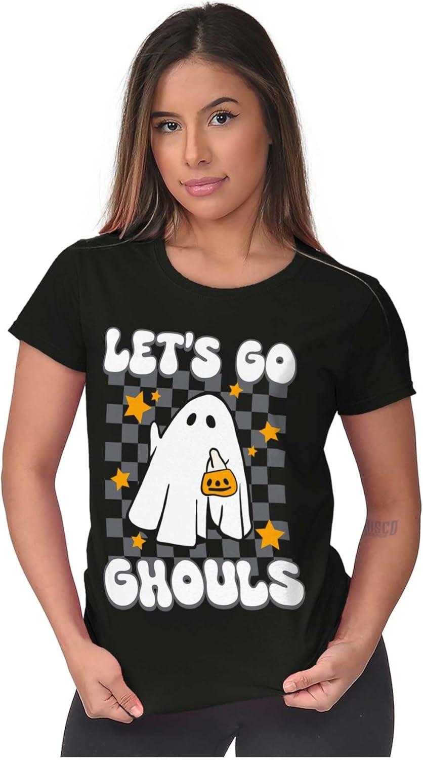 imageBrisco Brands Cute Halloween Lets Go Ghouls Ghost Womens Slim Fit Graphic TeeBlack