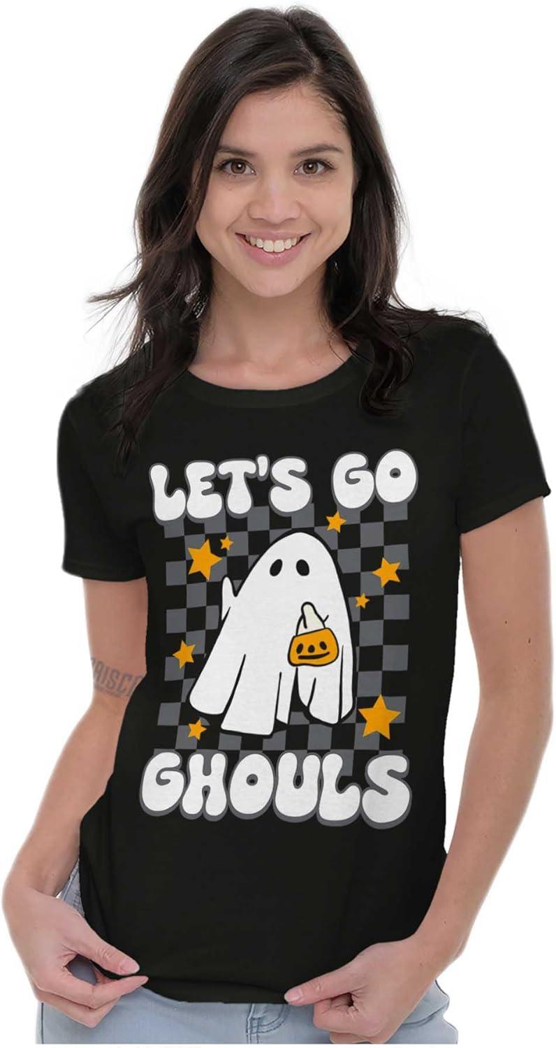 imageBrisco Brands Cute Halloween Lets Go Ghouls Ghost Womens Slim Fit Graphic TeeBlack