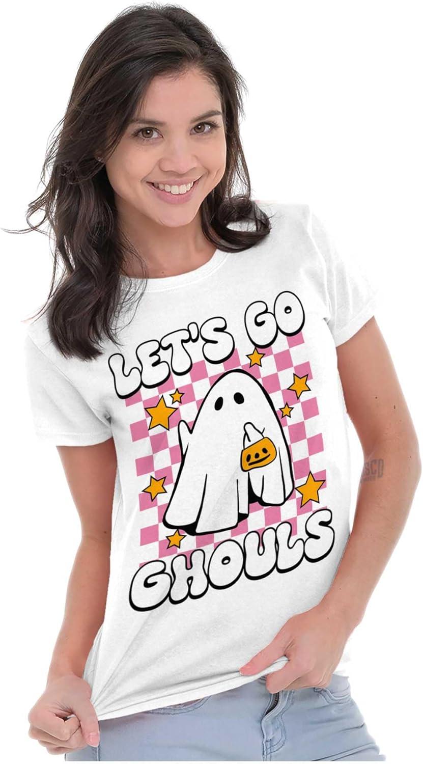 imageBrisco Brands Cute Halloween Lets Go Ghouls Ghost Womens Slim Fit Graphic TeeWhite