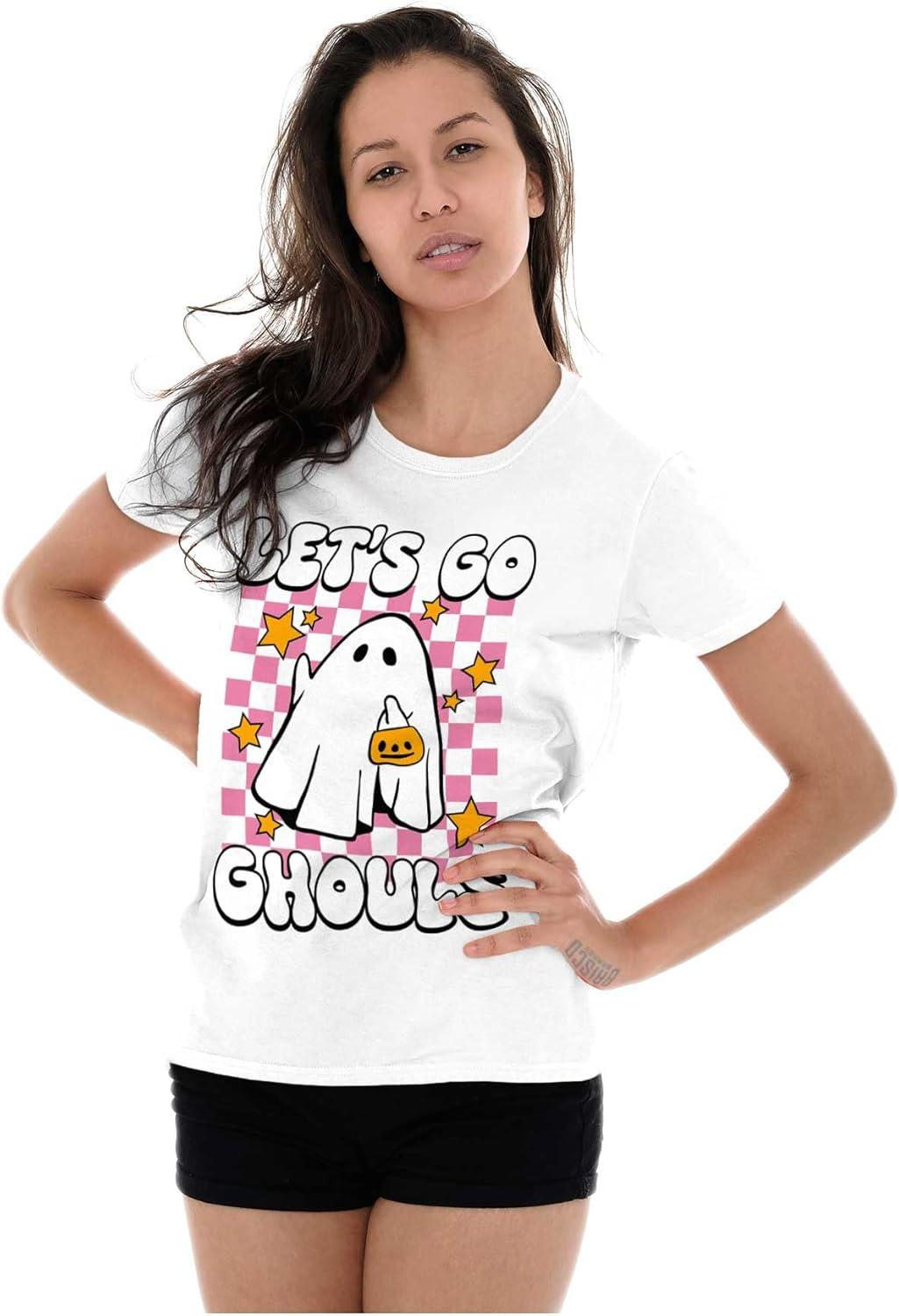 imageBrisco Brands Cute Halloween Lets Go Ghouls Ghost Womens Slim Fit Graphic TeeWhite