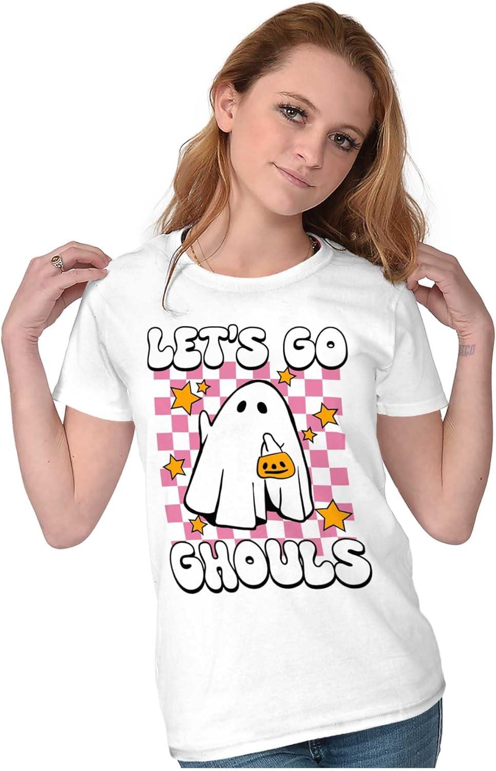imageBrisco Brands Cute Halloween Lets Go Ghouls Ghost Womens Slim Fit Graphic TeeWhite