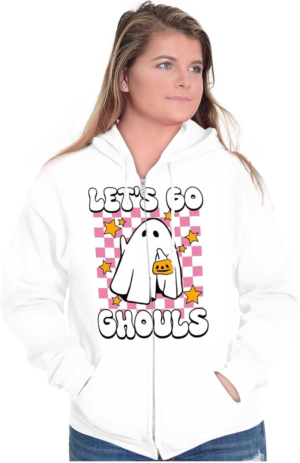 imageBrisco Brands Cute Halloween Lets Go Ghouls Ghost Zip Hoodie Sweatshirt WomenWhite