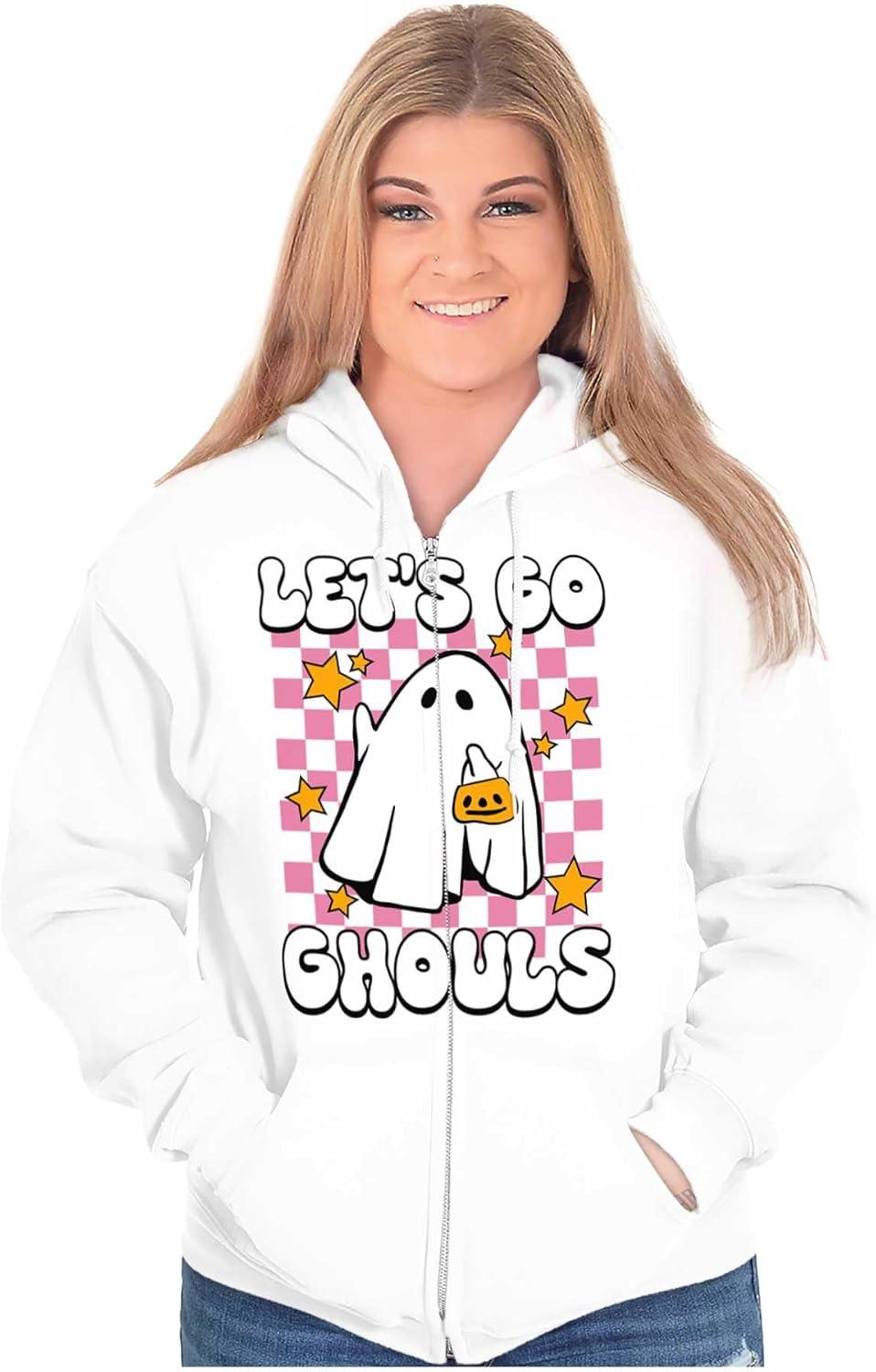 imageBrisco Brands Cute Halloween Lets Go Ghouls Ghost Zip Hoodie Sweatshirt WomenWhite