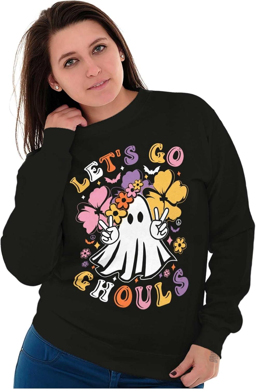 imageBrisco Brands Cute Hippie Ghost Lets Go Ghouls Women Crewneck SweatshirtBlack