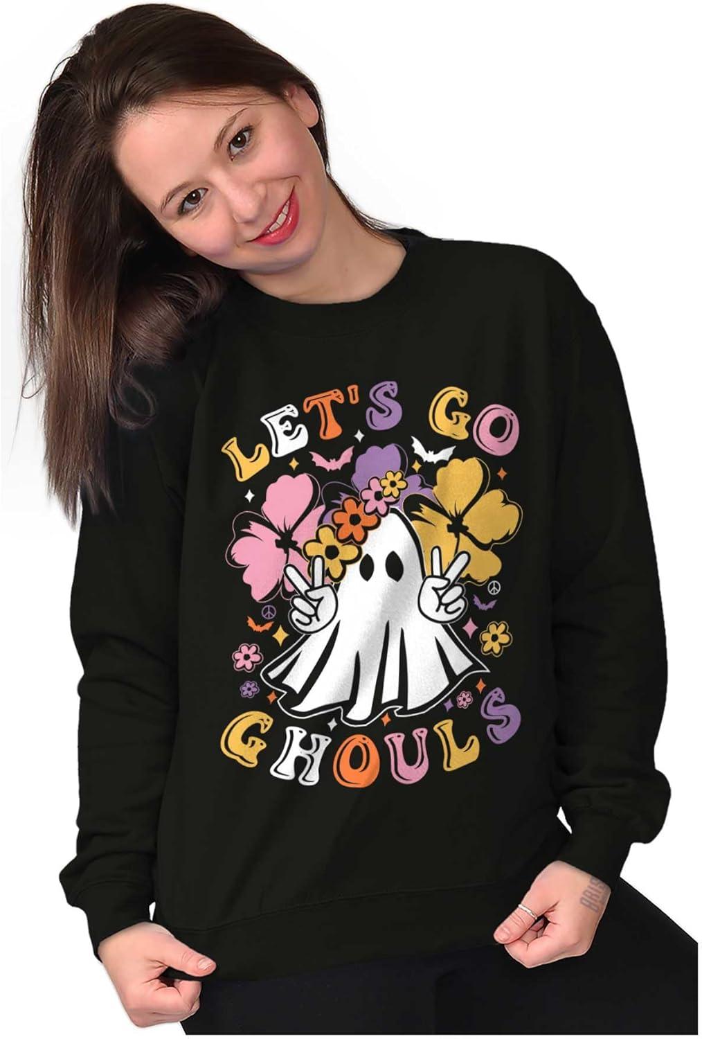 imageBrisco Brands Cute Hippie Ghost Lets Go Ghouls Women Crewneck SweatshirtBlack