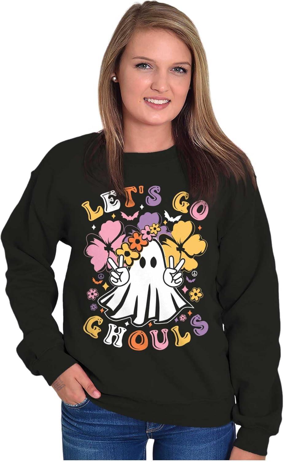imageBrisco Brands Cute Hippie Ghost Lets Go Ghouls Women Crewneck SweatshirtBlack