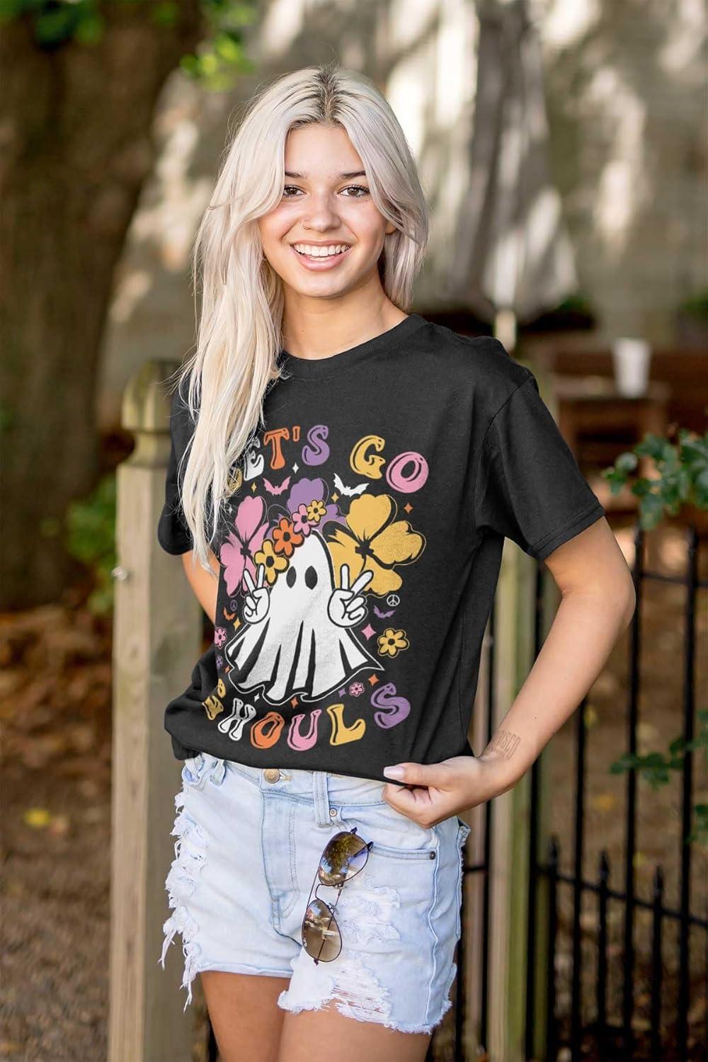 imageBrisco Brands Cute Hippie Ghost Lets Go Ghouls Womens Graphic T Shirt TeesBlack
